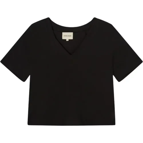 Schwarzes V-Ausschnitt T-Shirt Lockere Passform , Damen, Größe: M - Loulou Studio - Modalova