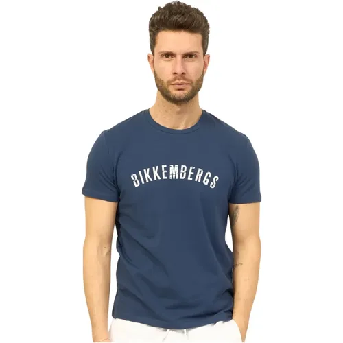 Blaues Baumwoll-Rundhalslogo-T-Shirt - Bikkembergs - Modalova