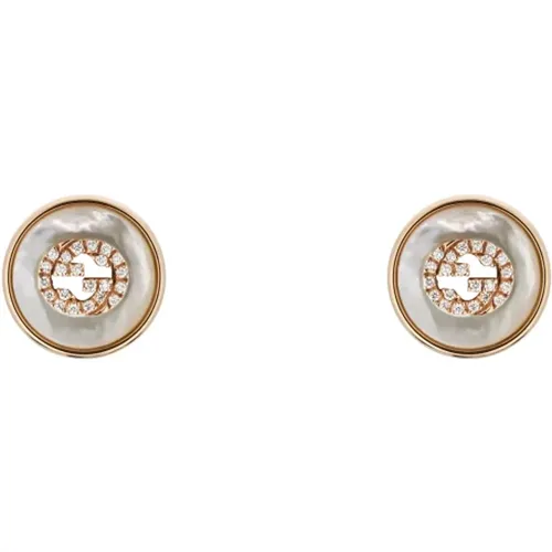 Earrings, female, , Size: ONE SIZE Interlocking Stud earrings in pink gold, mop, diamond, GG pavé - Gucci - Modalova