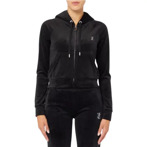 Samt-Cropped-Hoodie mit Strass-Logos , Damen, Größe: L - Juicy Couture - Modalova