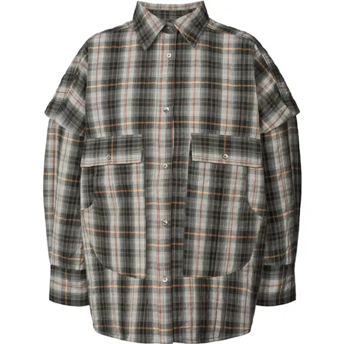 Grey Check Oversized Shirt Jacket , female, Sizes: S/M, M/L - Rabens Saloner - Modalova