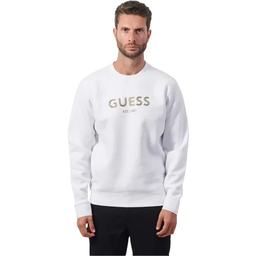 Weißer Rundhalsausschnitt Baumwollpullover , Herren, Größe: L - Guess - Modalova