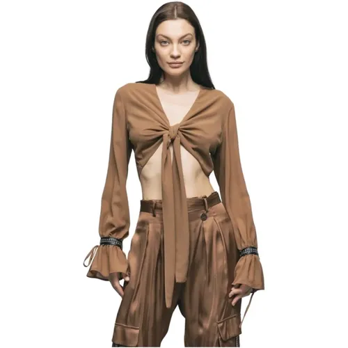 Blouses, female, , Size: XS Cropped Georgette Puff Sleeve Blouse - Gaëlle Paris - Modalova