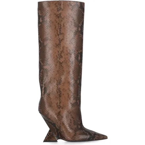 Braune Leder-Animalier-Stiefel mit Geometrischem Absatz - The Attico - Modalova