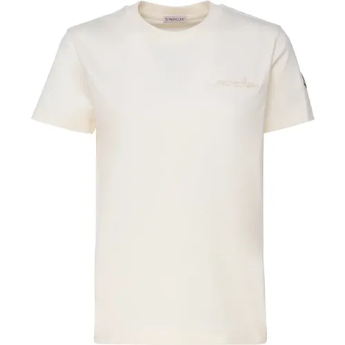 Weiße Baumwoll-Jersey Rundhals-T-Shirt , Damen, Größe: S - Moncler - Modalova