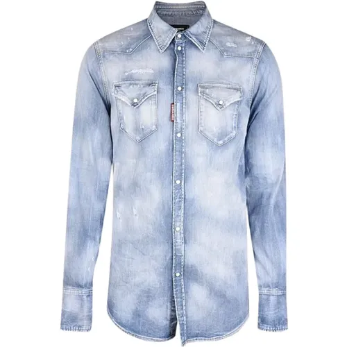 Denim Shirts, male, , Size: S Denim Shirt with Worn Effect and Snap Buttons - Dsquared2 - Modalova