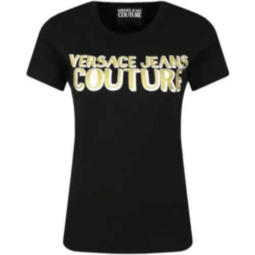 Women`s Short Sleeve T-shirt with Golden Logo , female, Sizes: S - Versace Jeans Couture - Modalova
