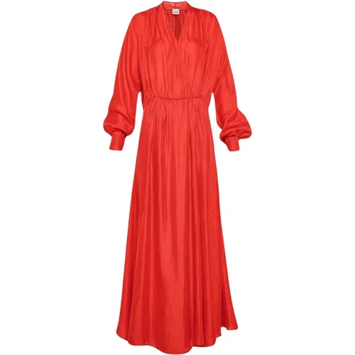 Silk V-neck Long Dress with Elastic Waist and Front Slit , female, Sizes: S - Forte Forte - Modalova