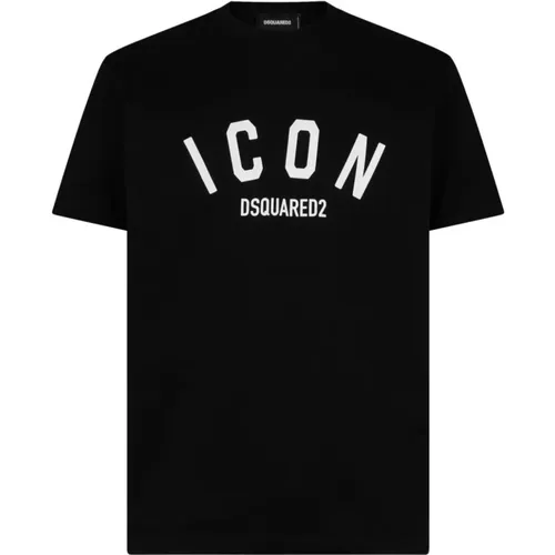 Schwarze T-Shirts und Polos - Be Icon Cool Fit Tee,Schwarzes Baumwoll-T-Shirt mit Logo-Print,Cool Fit Icon T-shirt - Dsquared2 - Modalova