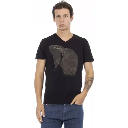 Schwarzes V-Ausschnitt T-Shirt mit Frontprint , Herren, Größe: 2XL - Trussardi - Modalova