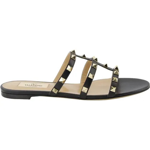 Sliders, female, , Size: 9 US Leather Rockstud Sandals - Valentino Garavani - Modalova