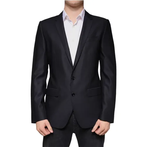 Formal Blazers, male, , Size: M Dark Single-Breasted Wool Blazer - Dolce & Gabbana - Modalova