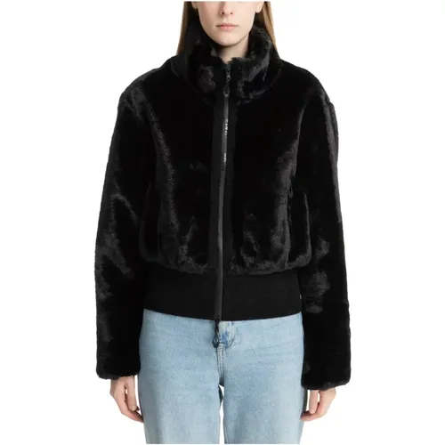 Faux Fur Reißverschluss Mantel Einfarbig Logo , Damen, Größe: M - Emporio Armani EA7 - Modalova