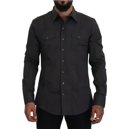 Graues Sicilia Slim Fit Hemd , Herren, Größe: XL - Dolce & Gabbana - Modalova