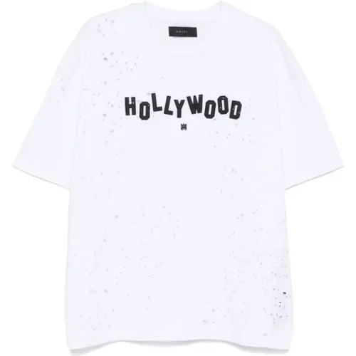 T-Shirts, male, , Size: L Distressed Cotton T-shirt with Hollywood Patch - Amiri - Modalova