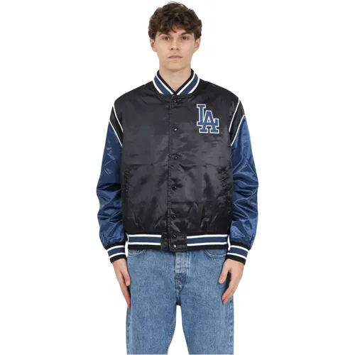 Bomber Jackets, male, , Size: L Satin Blue and Jacket with Team Logo - new era - Modalova