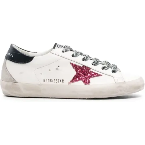 Weiße Sneaker mit Glitzerstern und Leopardenmuster-Schnürsenkel , Damen, Größe: 35 EU - Golden Goose - Modalova