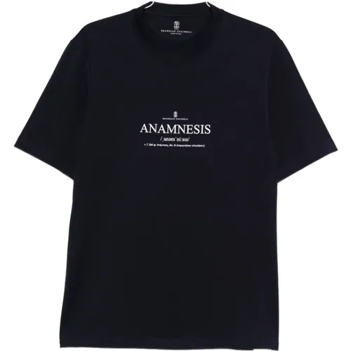 T-Shirts, male, , Size: M Navy Graphic Print Cotton T-shirt - BRUNELLO CUCINELLI - Modalova
