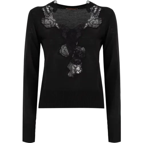 Blumige Spitze V-Ausschnitt Strickpullover , Damen, Größe: M - Ermanno Scervino - Modalova