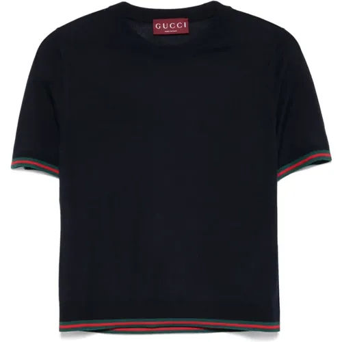 T-Shirts, female, , Size: L Crew Neck Top with Web-Stripe Trim - Gucci - Modalova