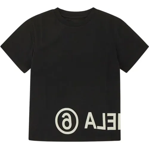 Schwarzes Baumwoll-T-Shirt mit umgekehrtem Logo - MM6 Maison Margiela - Modalova