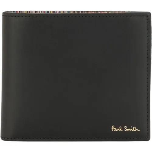 Schwarze Leder-Geldbörse mit goldener Logo-Beschriftung,Stilvolles Lederportemonnaie mit Kartenfächern - Paul Smith - Modalova