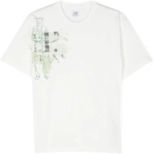 Weißes T-Shirt mit grauem Druck und Bildlogo - C.P. Company - Modalova