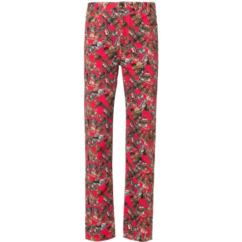 Straight Jeans, female, , Size: W28 Red Multicolour Denim Trousers with Signature Orb Print - Vivienne Westwood - Modalova