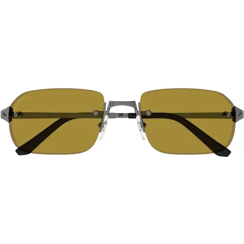 Sunglasses, male, , Size: 56 MM Rectangular Rimless Sunglasses Brown/Yellow - Cartier - Modalova