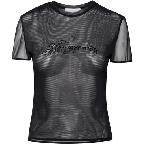 Stretch Tulle Rhinestone Logo T-Shirt - Blumarine - Modalova