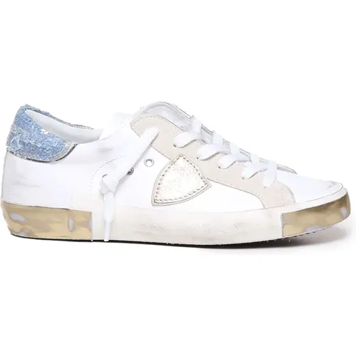 Weiße Denim Leder Sneakers , Damen, Größe: 38 EU - Philippe Model - Modalova