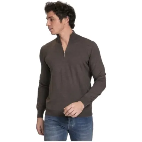 Brauner V-Ausschnitt Strickpullover mit Reißverschluss , Herren, Größe: XL - Gran Sasso - Modalova