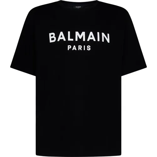 Schwarzes Logo-Print Baumwoll-T-Shirt,Logo T-Shirt Rundhals Kurzarm - Balmain - Modalova