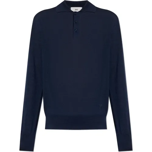 V-neck Knitwear, male, , Size: XS Wool Polo Sweater - Ami Paris - Modalova