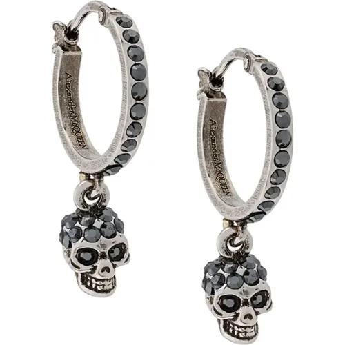 Earrings, female, , Size: ONE SIZE Antique Silver Hoop Earrings with Skull Charm - alexander mcqueen - Modalova