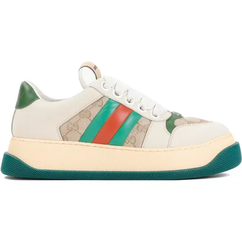 Sneakers, male, , Size: 6 1/2 US Beige Leather Sneakers with Web Strap - Gucci - Modalova