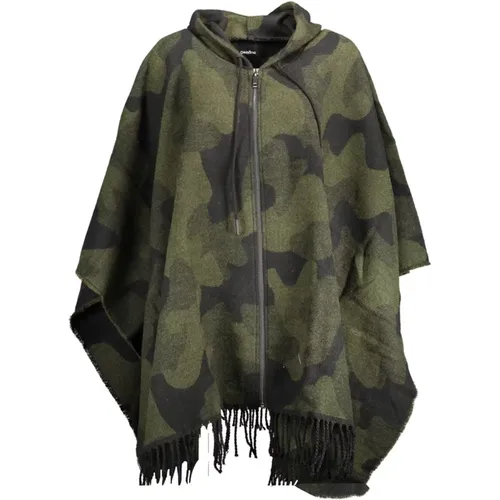 Stylish Contrast Poncho with Hood and Zipper , female, Sizes: ONE SIZE - Desigual - Modalova