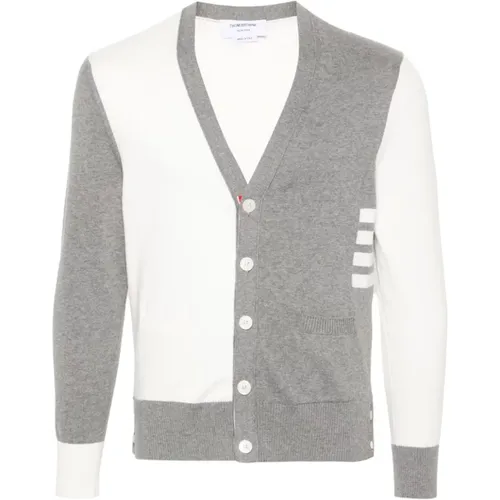 Cardigans, male, , Size: M Grey Sweater Colour-Block V-Neck Design - Thom Browne - Modalova