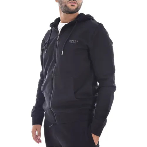 Zip-throughs, male, , Size: XS Zipped Cotton Hooded Sweatshirt - Guess - Modalova