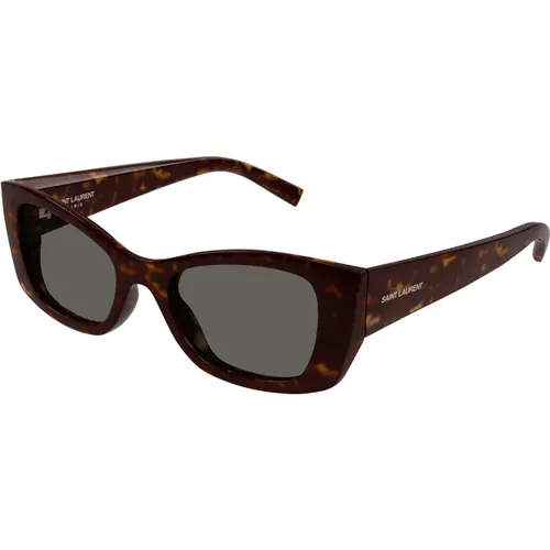 Klassische Sonnenbrille in Dunkel Havana/Grau , Damen, Größe: 52 MM - Saint Laurent - Modalova