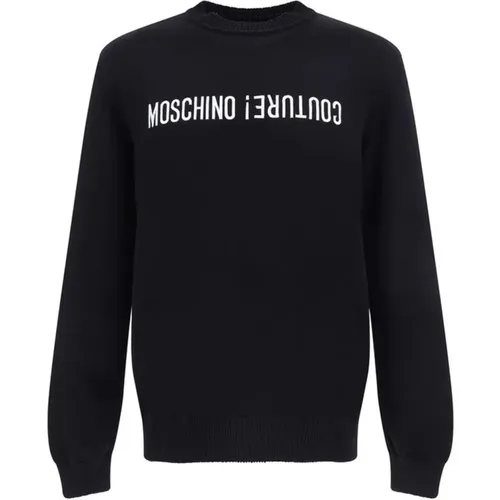 Round-neck Knitwear, male, , Size: XL Ribbed Trim Sweatshirt with Brand Signature - Moschino - Modalova