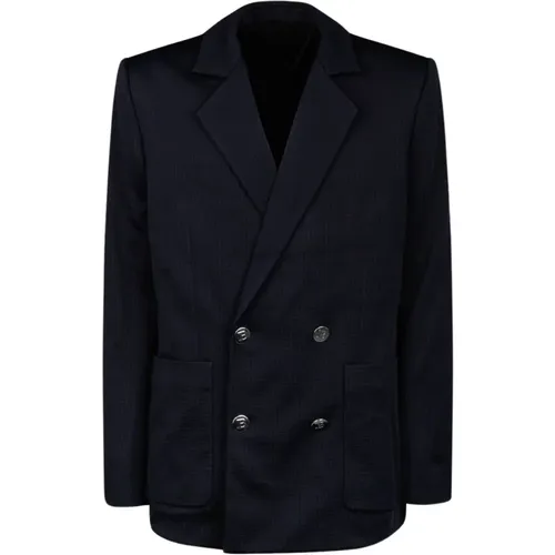 Blazers, male, , Size: L Navy Mini Monogram Blazer - Balmain - Modalova