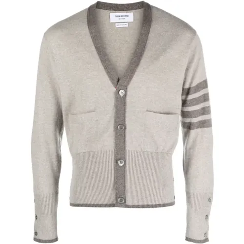 Cashmere Knitwear, male, , Size: L Classic V Neck Cashmere Cardigan Beige - Thom Browne - Modalova