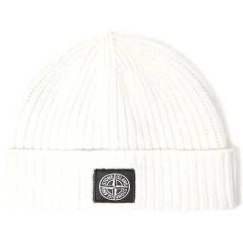 Beanies, unisex, , Size: ONE SIZE Ribbed Wool Beanie Natural - Stone Island - Modalova