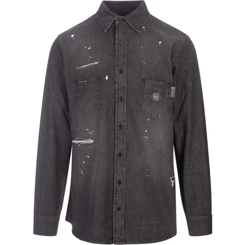 Grey Stone Washed Denim Shirt , male, Sizes: XL, M, S, L - Philipp Plein - Modalova