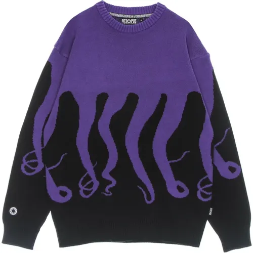 Round-neck Knitwear, male, , Size: XS Black Crewneck Sweater Embroidery - Octopus - Modalova