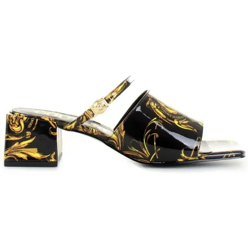 Heeled Mules, female, , Size: 7 US Women Sandals with Baroque Print and Metallic Gold Details - Versace Jeans Couture - Modalova