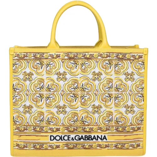 Gelbe Shopper-Tasche mit Majolika-Print - Dolce & Gabbana - Modalova