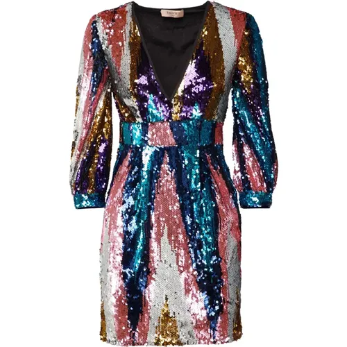 Sequin Dress with V-neck and Long Sleeves , female, Sizes: 2XS - Twinset - Modalova