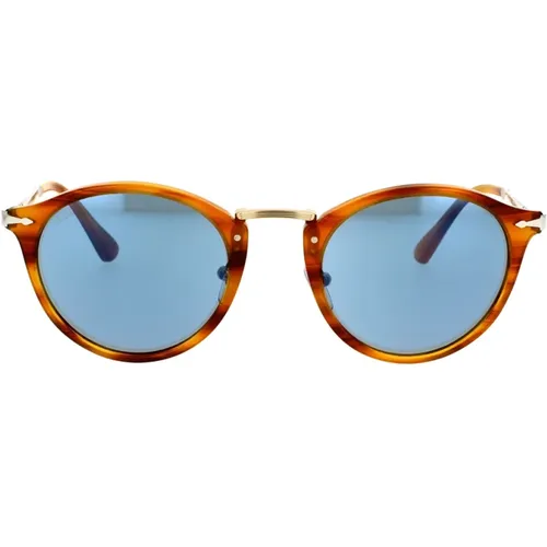 Unique and Exclusive Sunglasses with Brown Striped Frame and Blue Lenses , unisex, Sizes: 49 MM - Persol - Modalova
